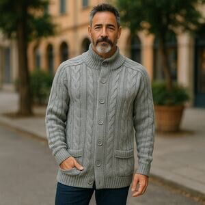 Vintage 80s Sears Men's Gray Cable Knit Cardigan Sweater Chunky Size 44